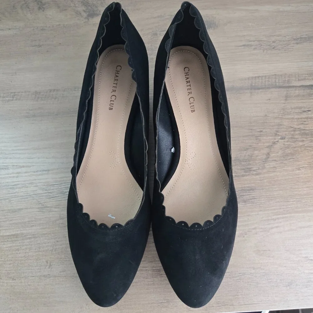 Charter Club Wandaa Suede Leather Scalloped Almond Toe Wedge Heels Black Size 9 - Picture 7 of 12